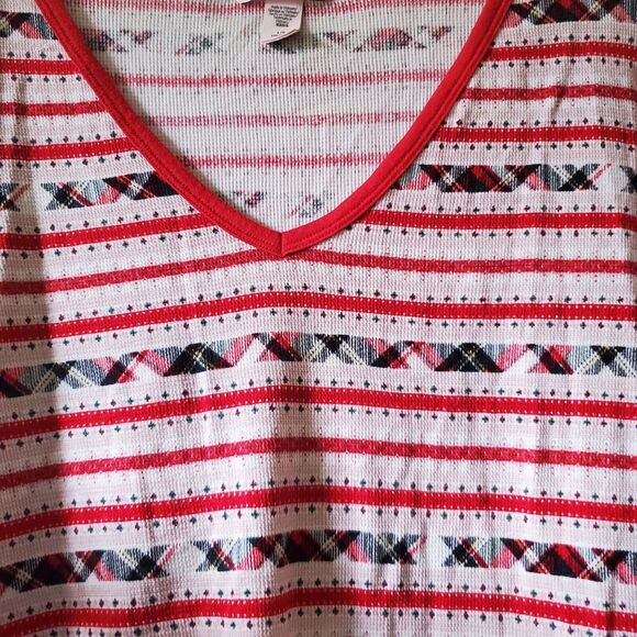 Victorias Secret Red Plaid Striped Waffle Knit T-shirt V Neck Size Large Cozy - Picture 3 of 10